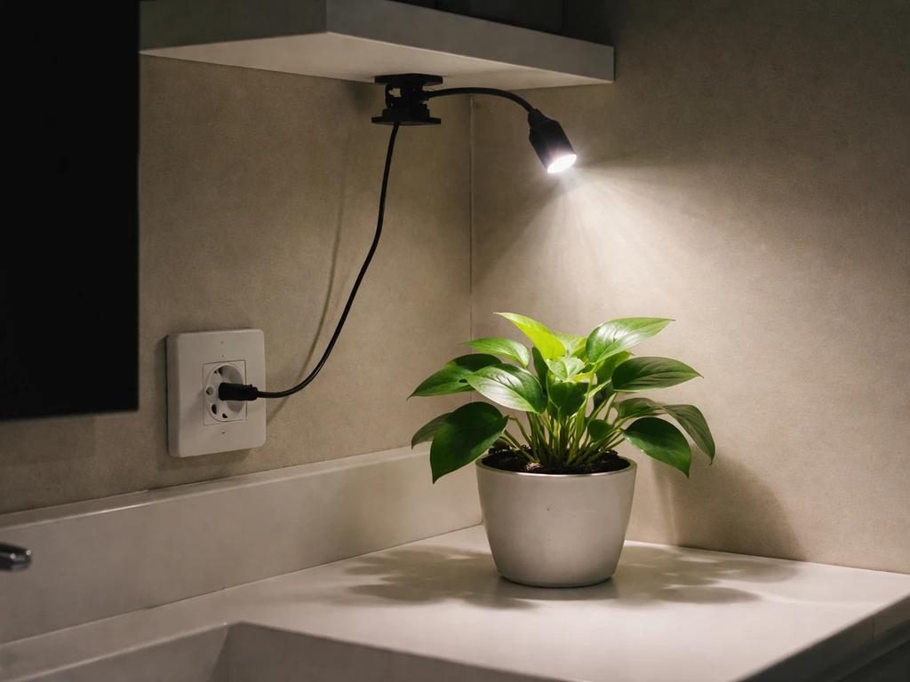 Clip-on LED grow light plugged into a bathroom outlet above a small potted plant in low light.