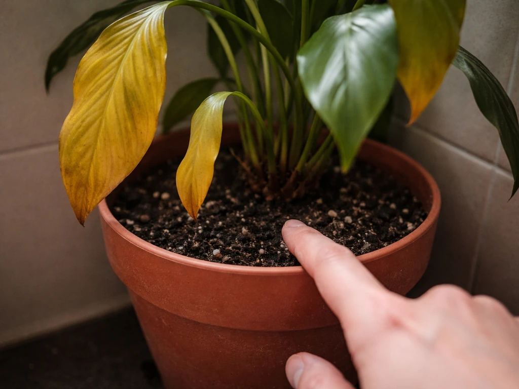 Close-up of yellowing plant leaves with a finger checking moisture in the soil inside a dim bathroom.