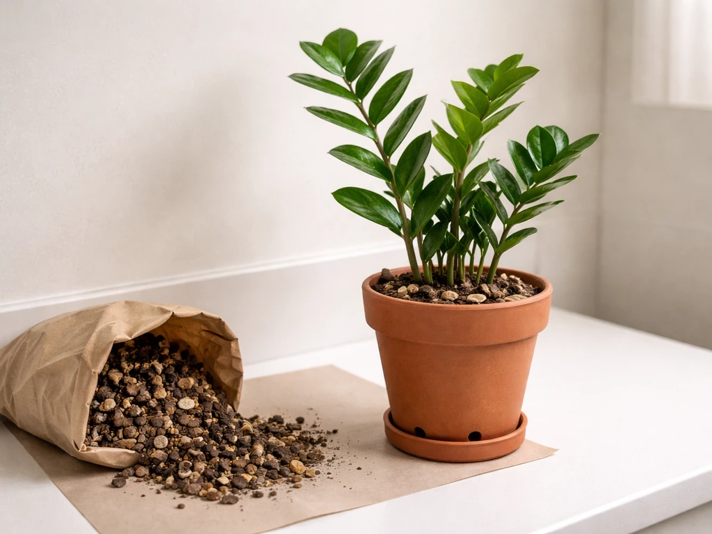ZZ plant in terracotta pot with drainage on bathroom counter beside chunky potting mix near a windowless-style light.