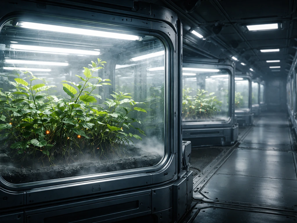 No Man’s Sky-style freighter hydroponics garden with glowing cultivation chambers and active plant growth.