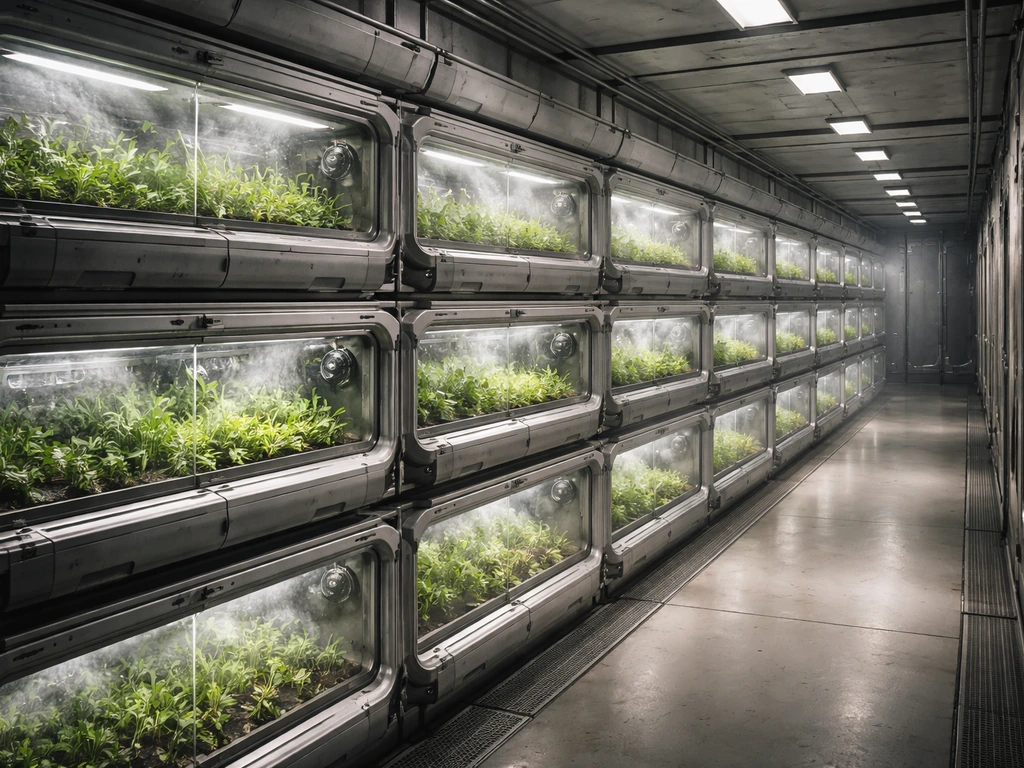 Stacked freighter garden room with multiple cultivation chambers and flowing mist under soft light.