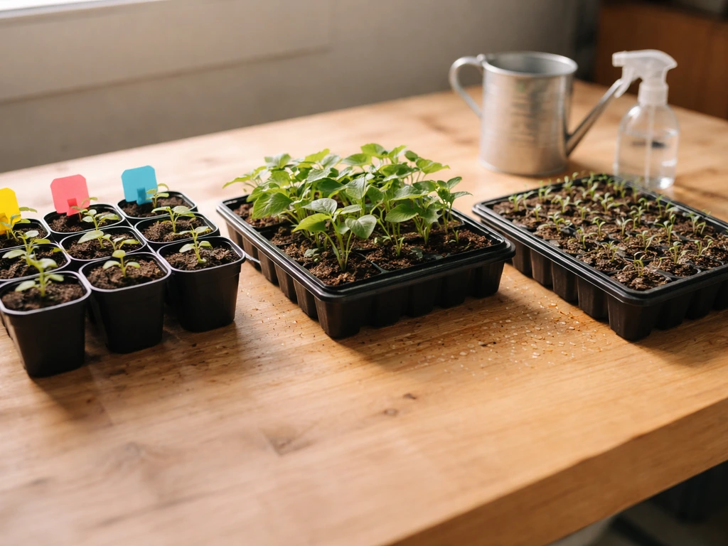 Three grouped seed trays on a wooden bench, arranged for different growing goals.