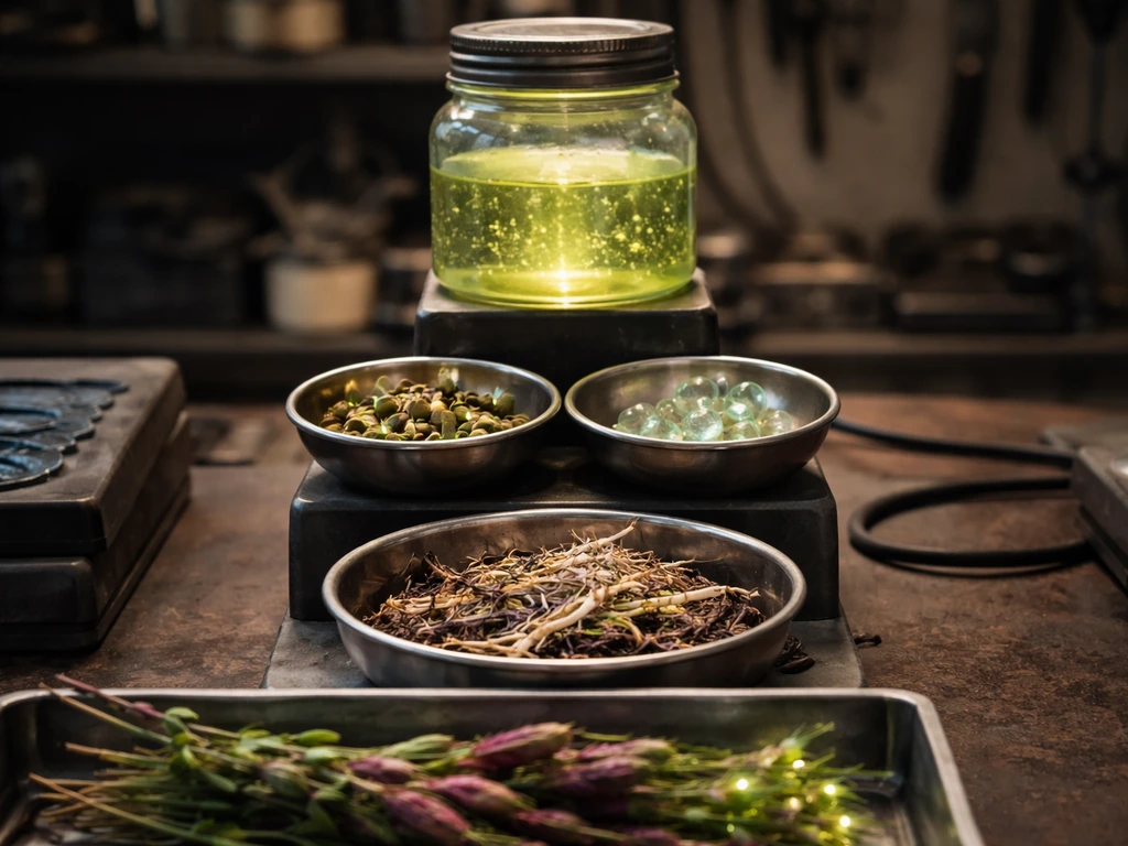 A small workbench with fresh harvested crops and unlabeled containers arranged to show ingredient chain for crafting.