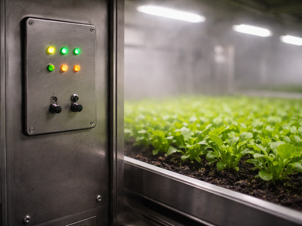 Closeup of a freighter farm cultivation control panel with glowing status lights beside planted crops.