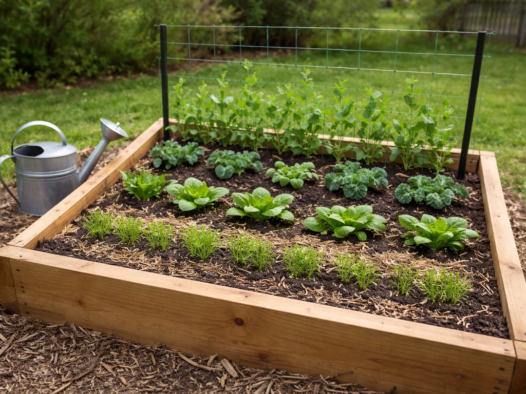 Raised garden bed in spring with seedlings and cool-season greens beside a small carrot row