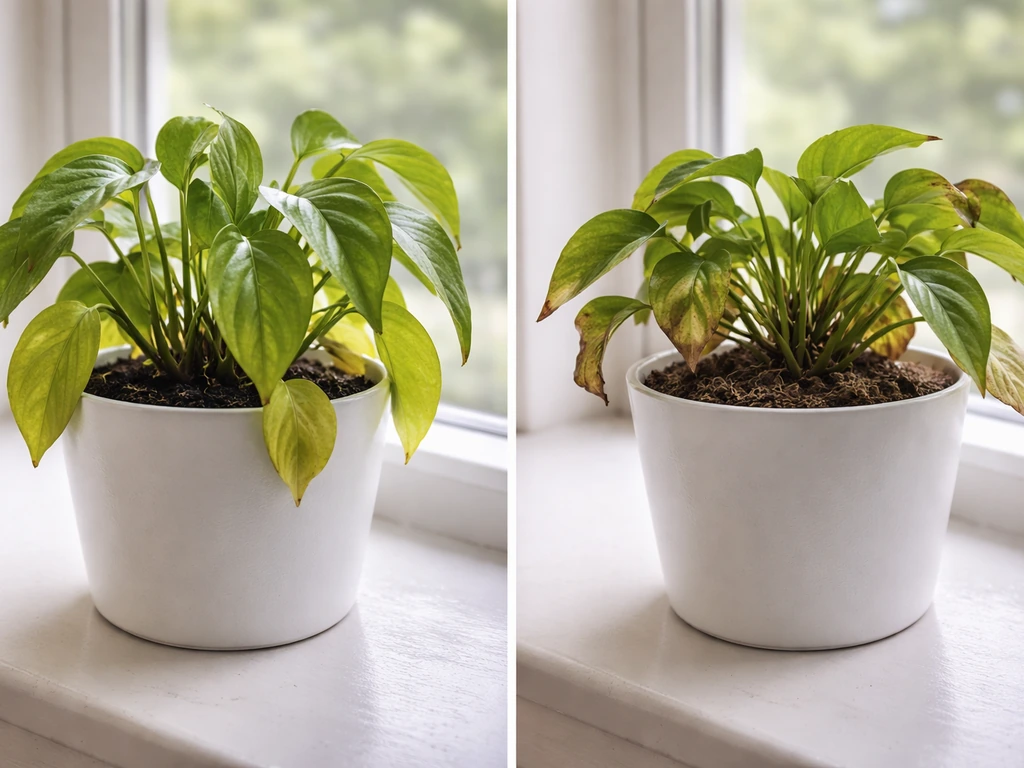 Two matched houseplants in the same light: overwatered with yellow leaves and soft stems vs underwatered with crispy bro