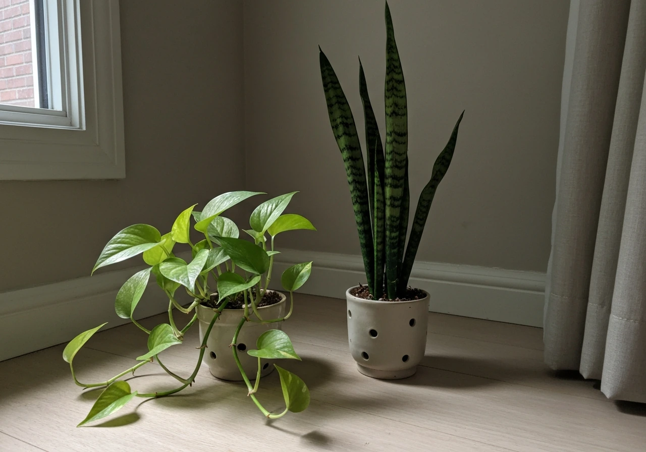 Pothos and snake plant in small pots on a windowsill with indirect light in a simple indoor room.