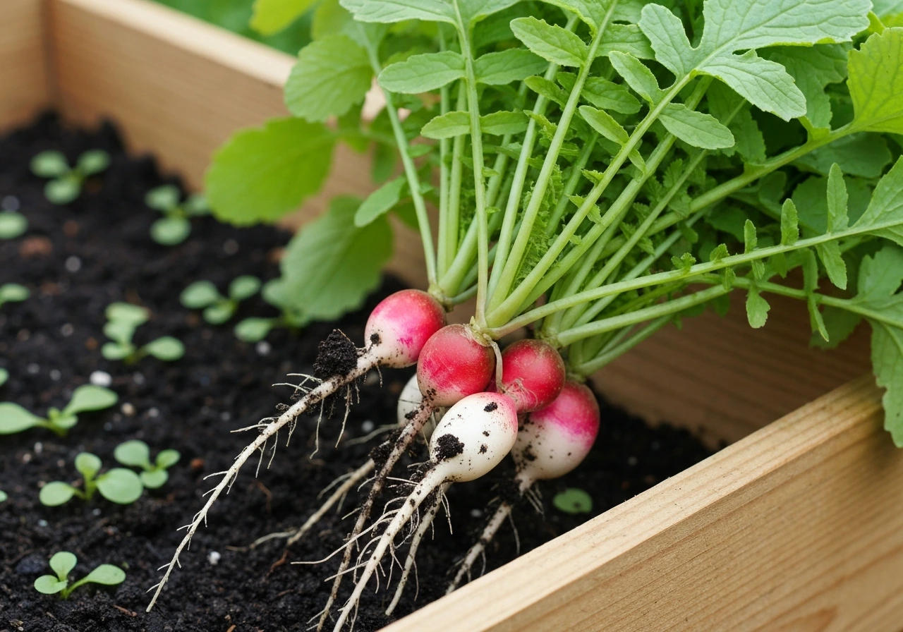 Freshly harvested radishes with leafy tops in a shallow container planter with visible soil.