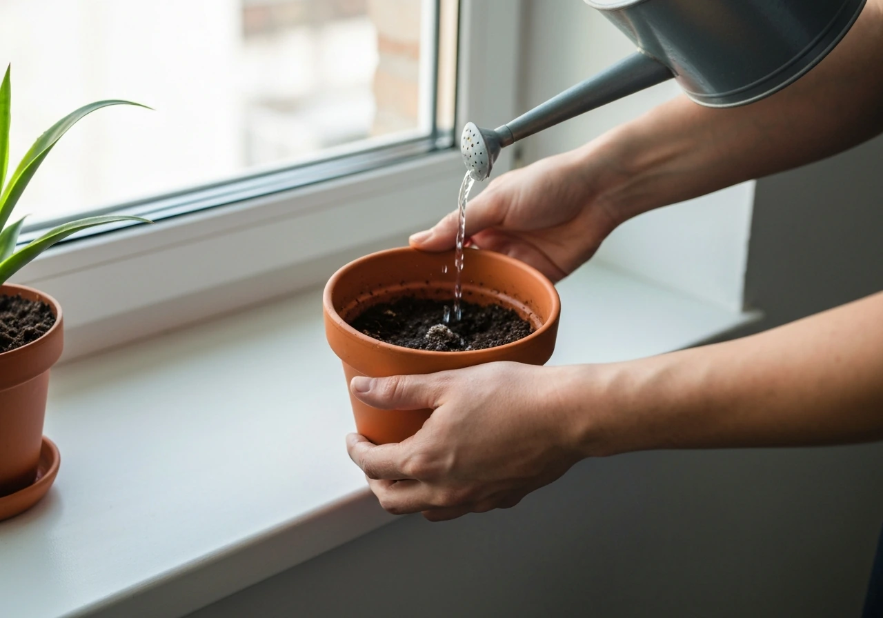 Anonymous hands lift a potted plant to judge dryness, watering only when the soil is dry.