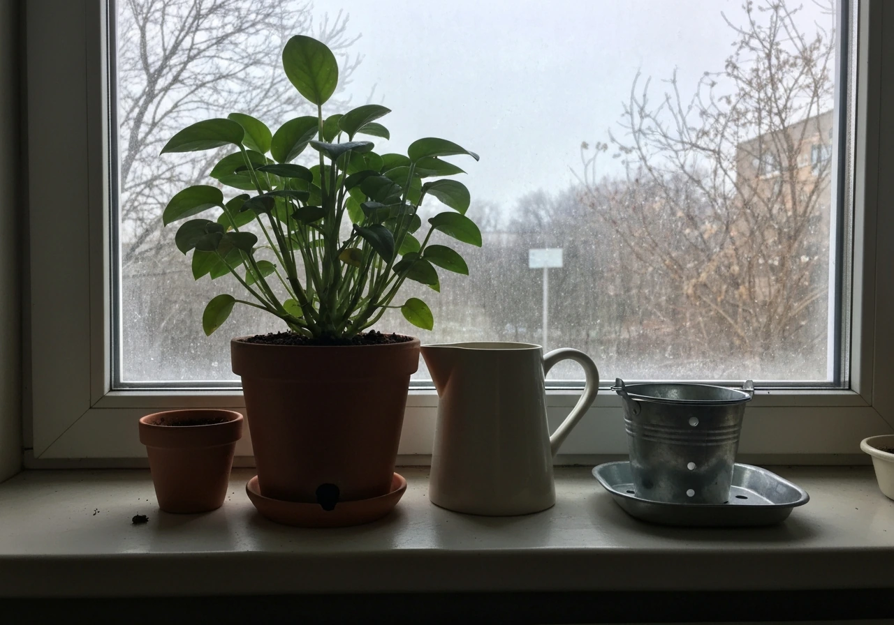 Indoor potted plant on windowsill beside a small bucket with drainage holes and a seasonal garden note cue