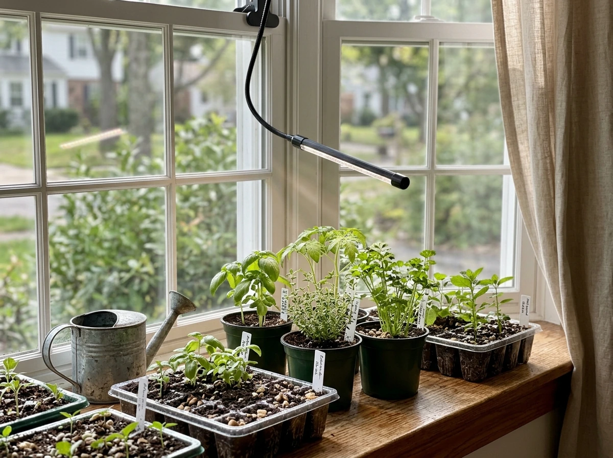Indoor grow setup with seedlings under a light and containers by a window