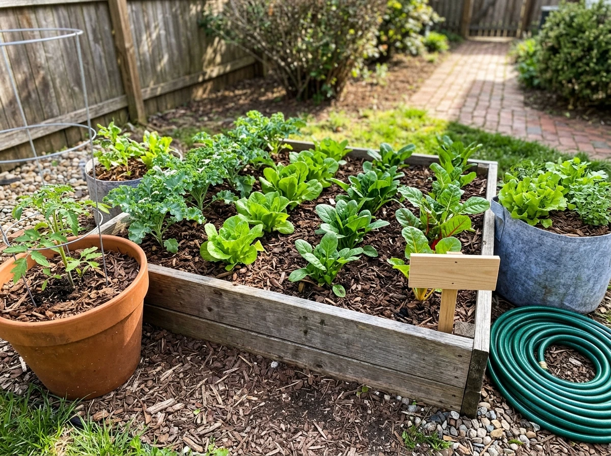 4x4 raised bed and patio containers in a sunny outdoor yard