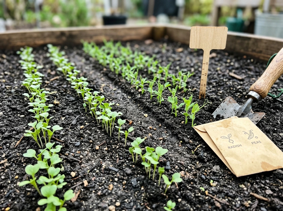Spring direct-sown radish and pea seedlings emerging in cool soil