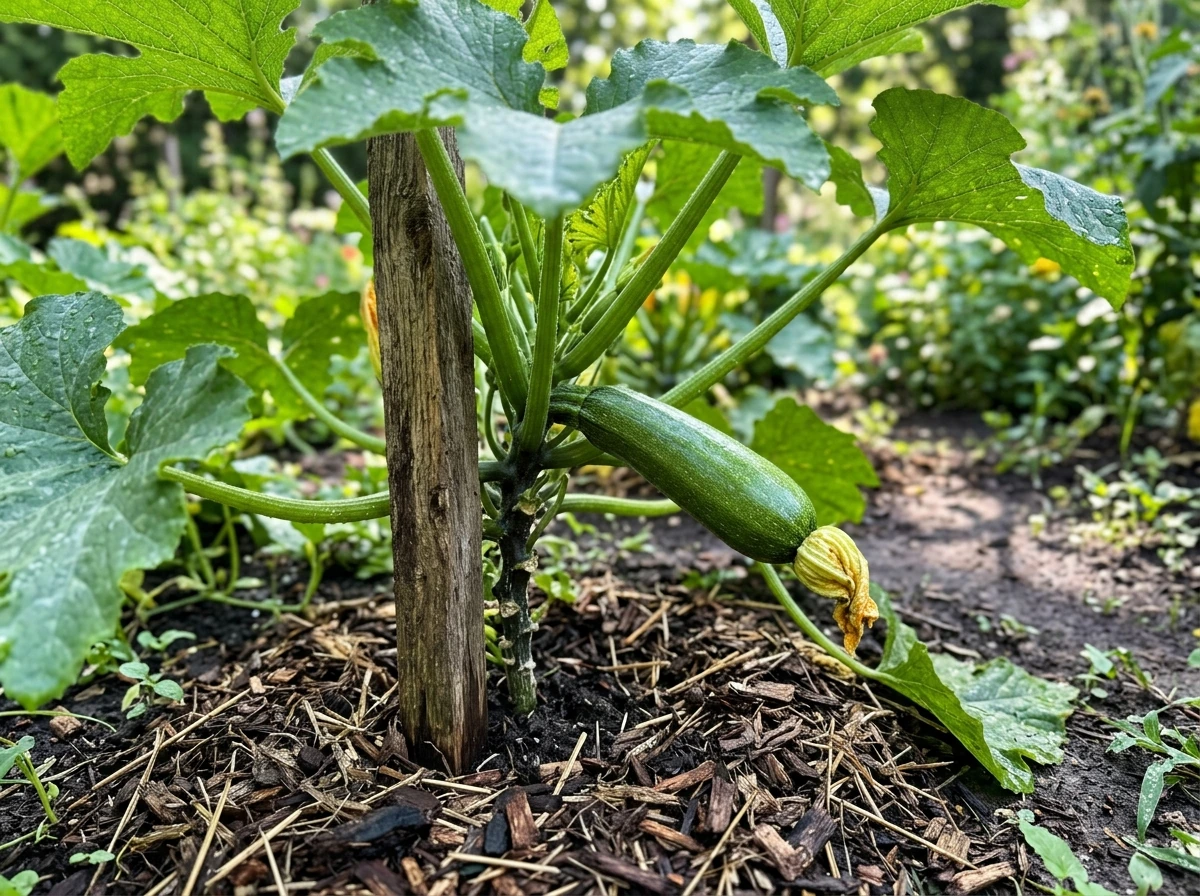 Summer zucchini plant with big leaves and a developing squash