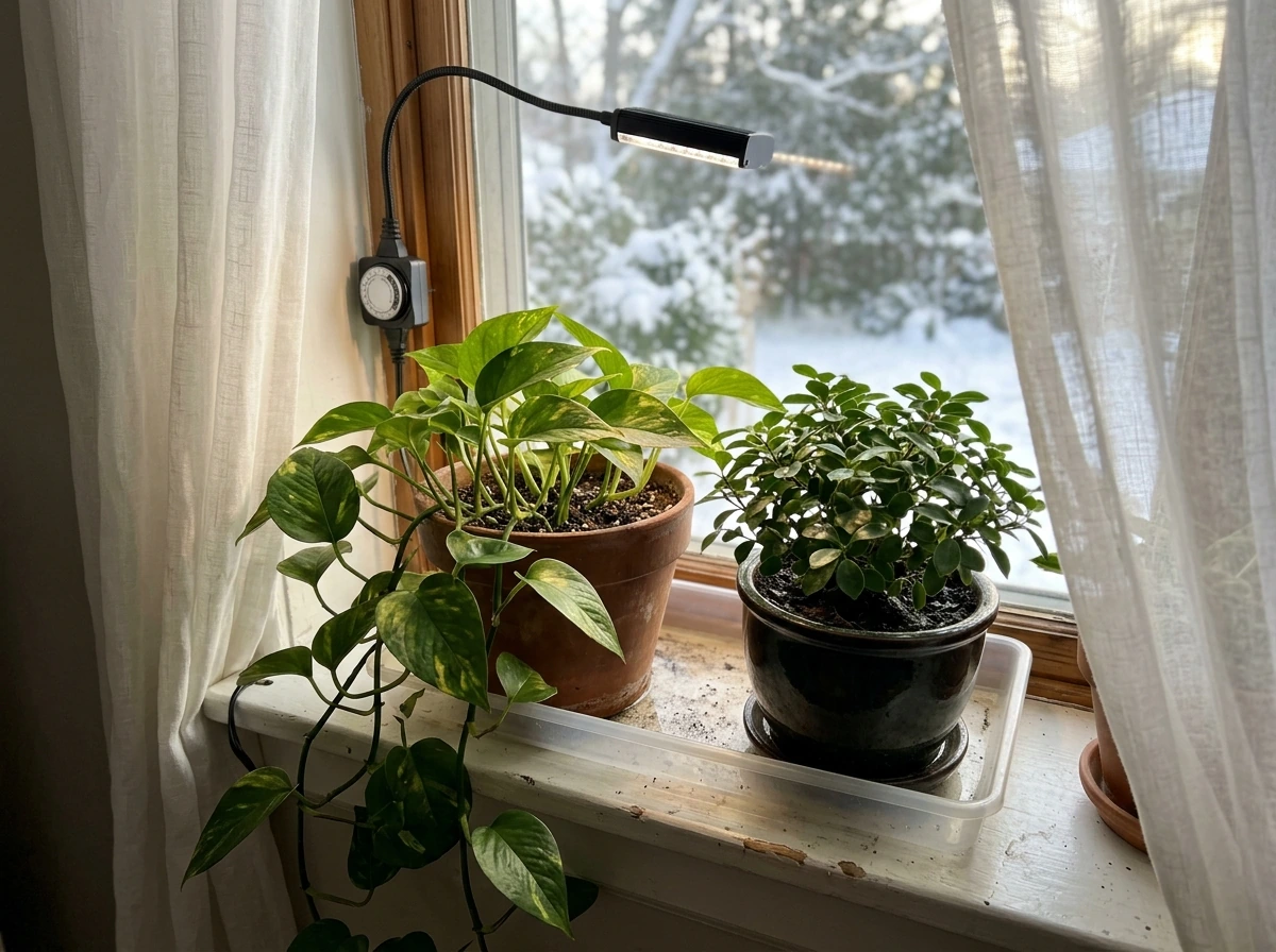 Winter indoor houseplants in low-light with grow light support