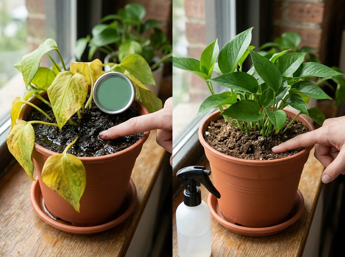 Troubleshooting comparison: yellowing leaves and correct drying soil