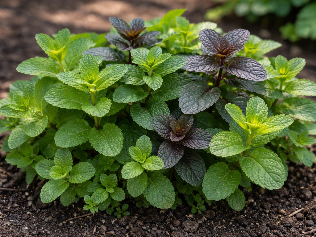 Lush spearmint, peppermint, and specialty mint plants growing together in a simple garden bed