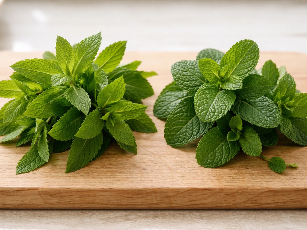 Close-up of spearmint and peppermint leaves side-by-side showing different shapes and green tones.