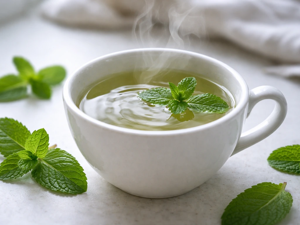 Steaming cup of peppermint tea with fresh mint leaves on a simple wooden table, cool refreshing look.