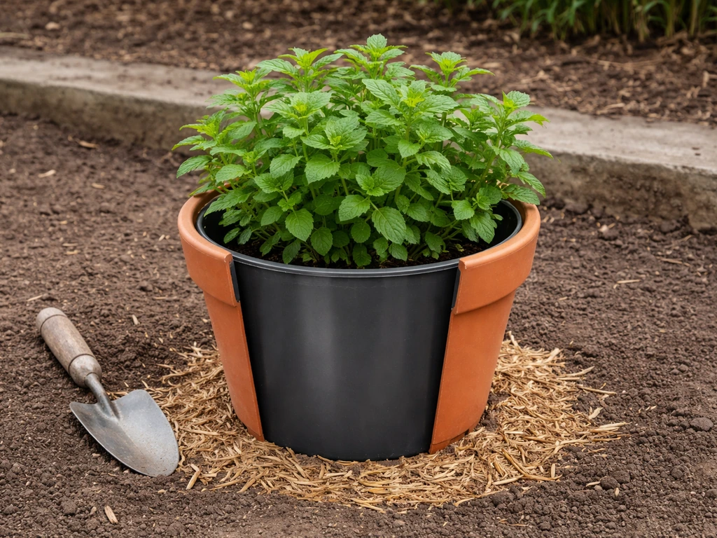 A mint plant in an outdoor terracotta container with a bottom blocked and root-barrier liner visible for containment.
