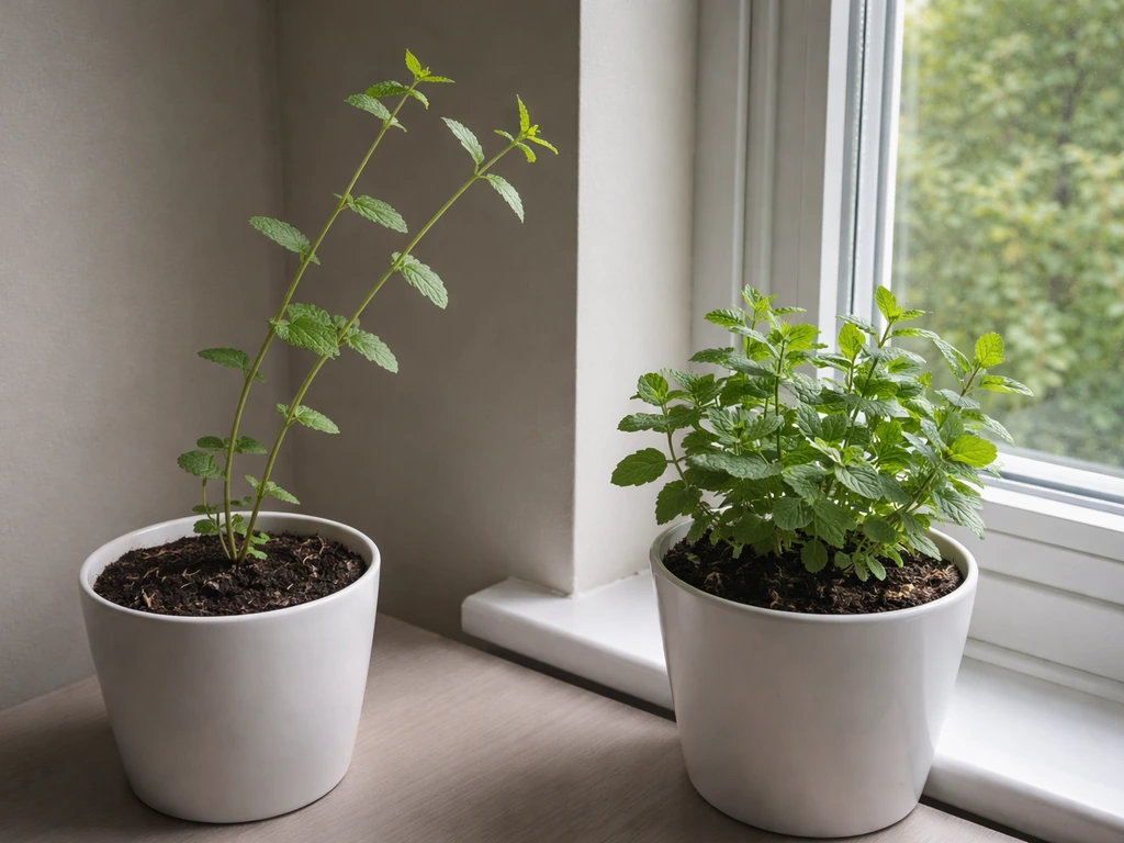 Leggy dim-window mint beside a denser mint plant in brighter light, showing weak growth from low sun.