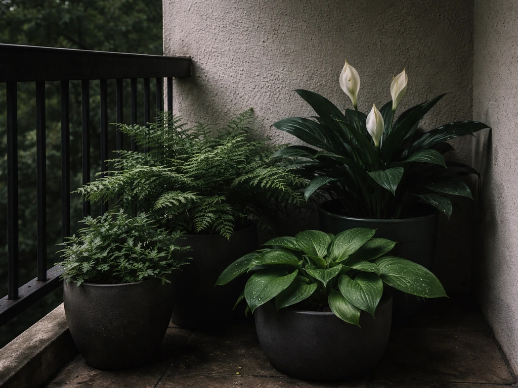Shady balcony corner with ferns, hostas, and a peace lily in dark ceramic pots near railing and wall.