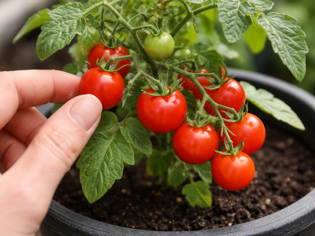 Close-up of ripe cherry tomatoes on the vine in a pot, with a hand reaching to harvest.