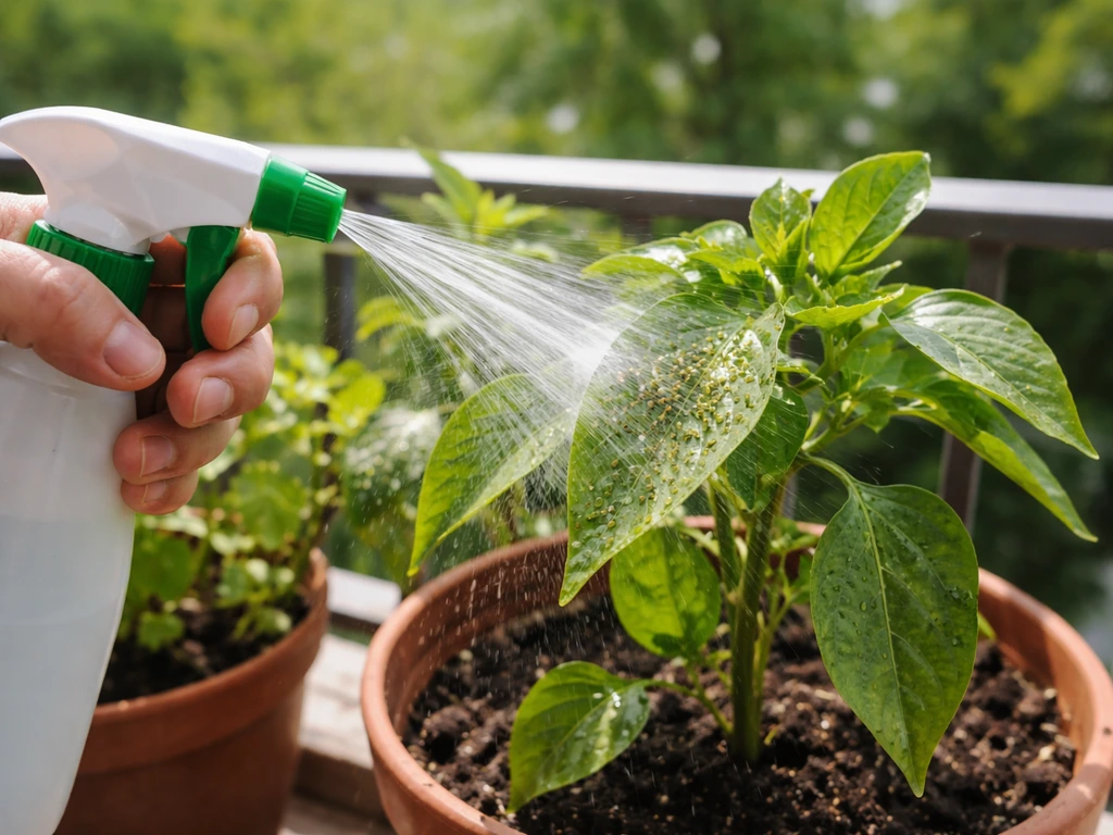 Aphids on a balcony plant leaf as a gardener rinses them off with a handheld spray bottle.