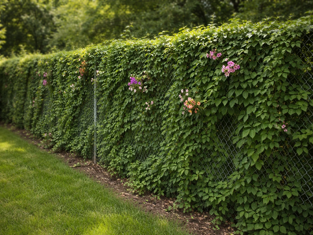 Dense climbing vines and flowers blanket a chain-link fence from ground to near the top