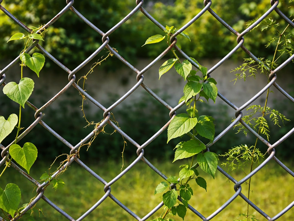 Sunlit chain-link fence with several climbing vines wrapping the diamond mesh in a yard setting.