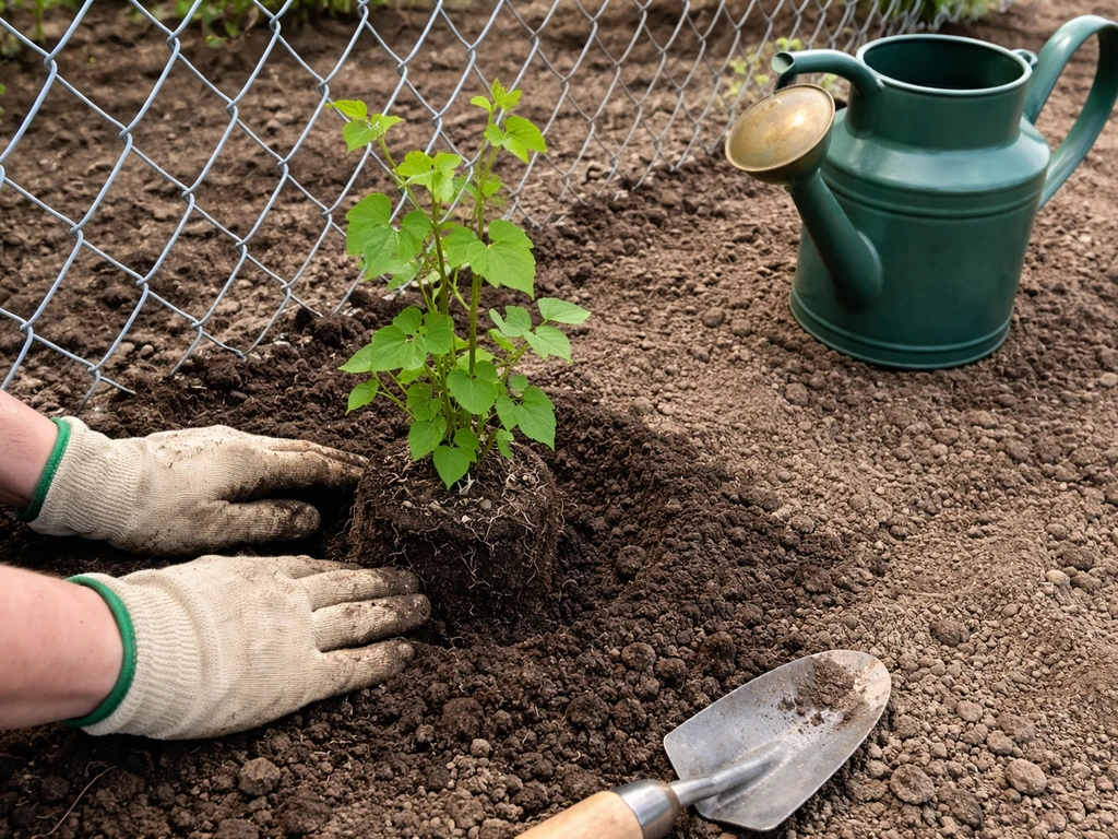 Hands planting a vine with amended soil near a chain-link fence, spaced away from the base