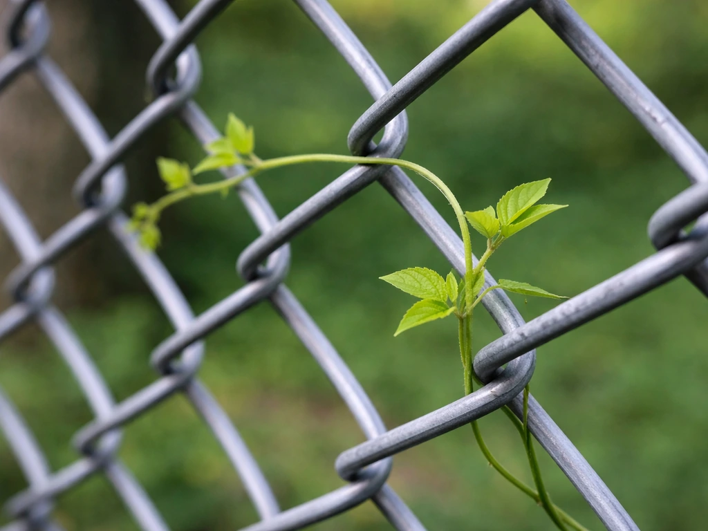 Close-up of a new vine being gently trained through chain-link diamond openings on a fence