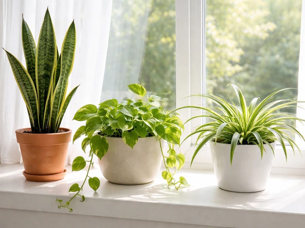 Several easy indoor plants in small pots on a bright windowsill, including snake plant, pothos, and spider plant.