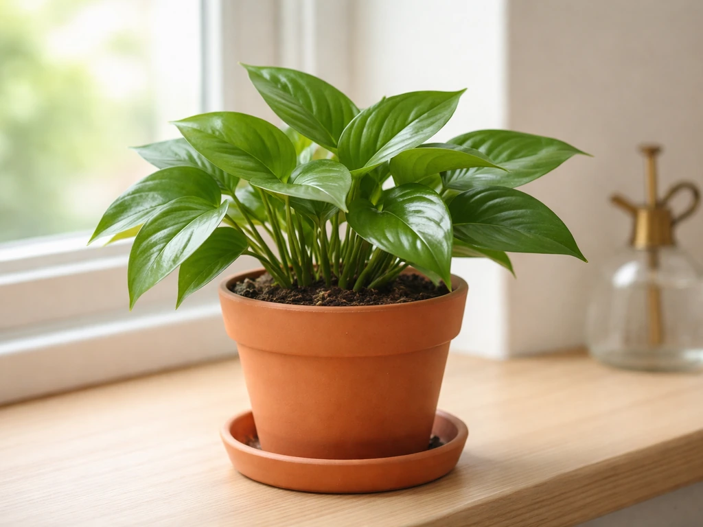 Healthy pothos in a simple ceramic pot by a bright window, soil looks evenly moist and well drained.