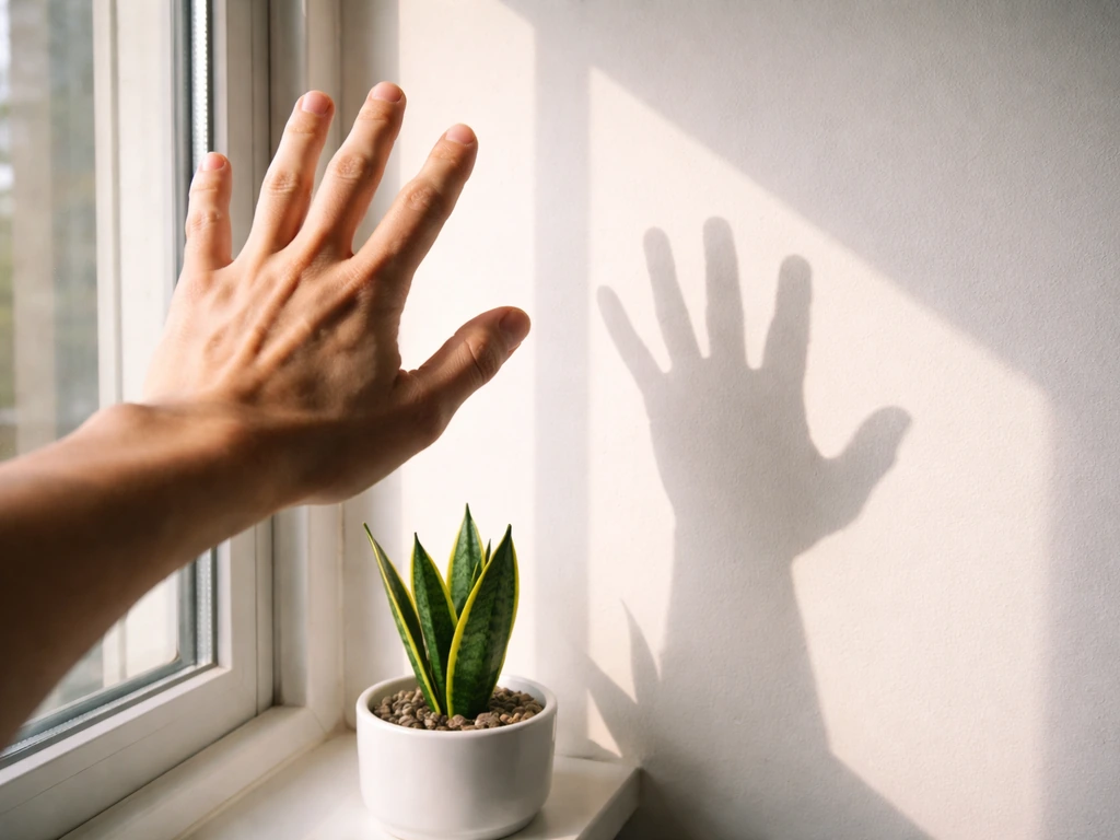 Hand near a window casting a shadow to judge room light for indoor plants