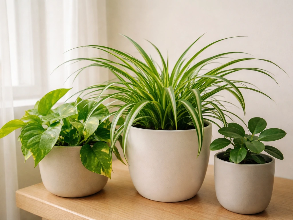 Indoor houseplants near a window in bright medium indirect light, no direct sun on the leaves.