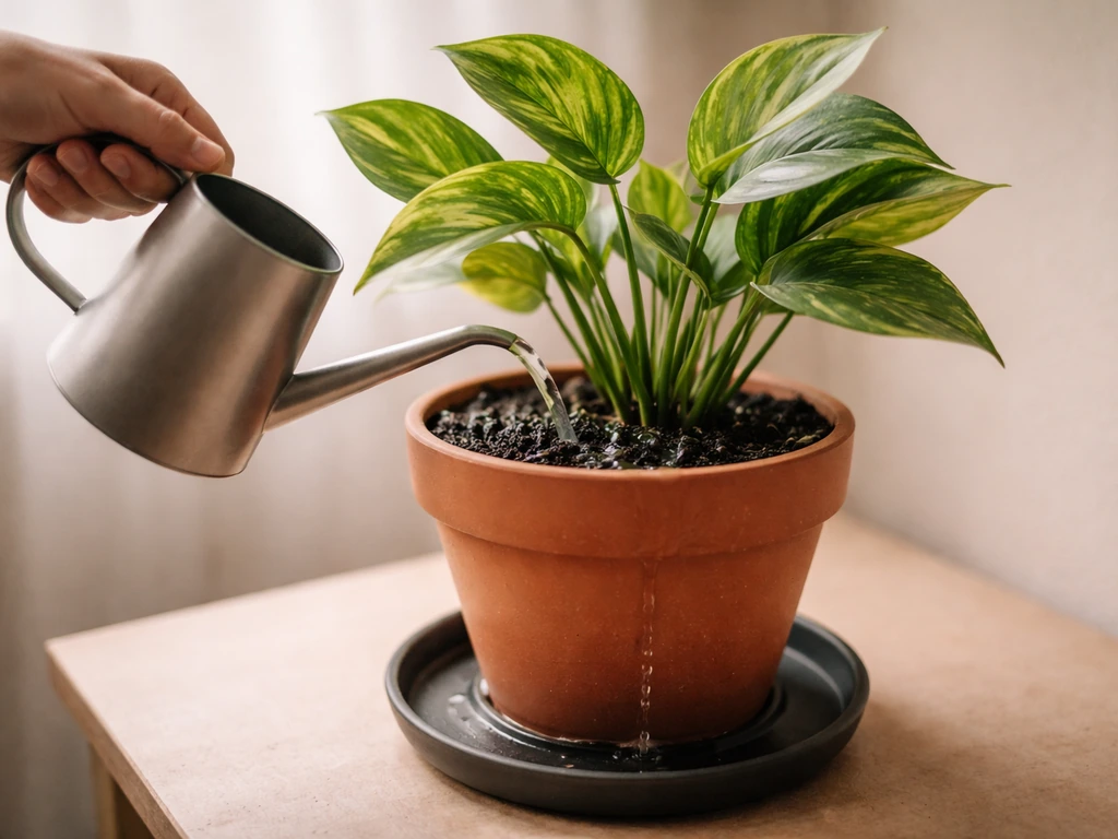 Hands watering a potted houseplant until water drains from the pot bottom