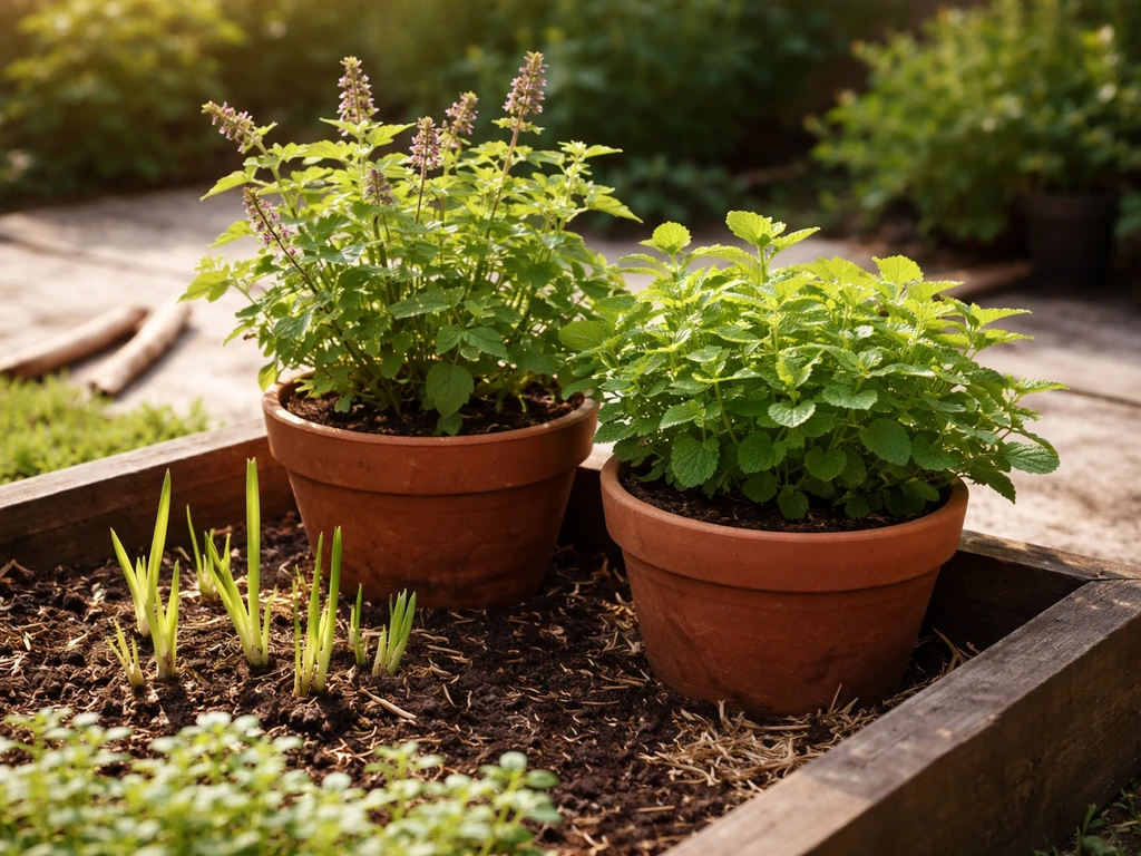 Ayurvedic herbs like tulsi, mint, and ginger growing together in pots and a small home garden bed.