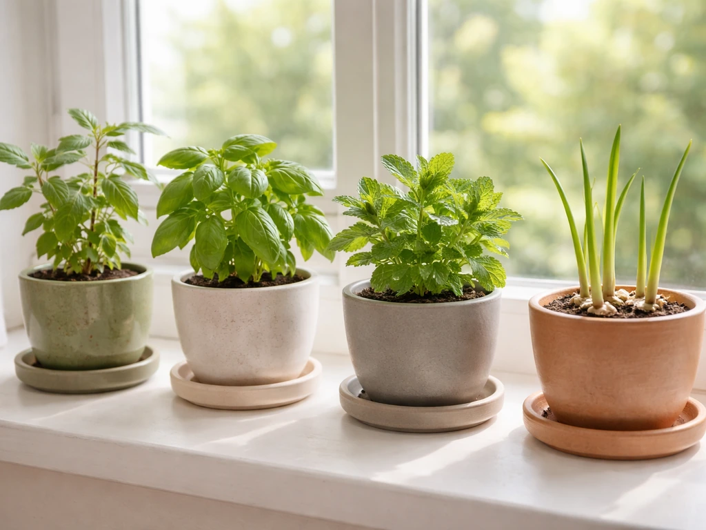 Small indoor herb pots with green tulsi, basil, mint, and ginger on a sunlit windowsill with drainage saucers.