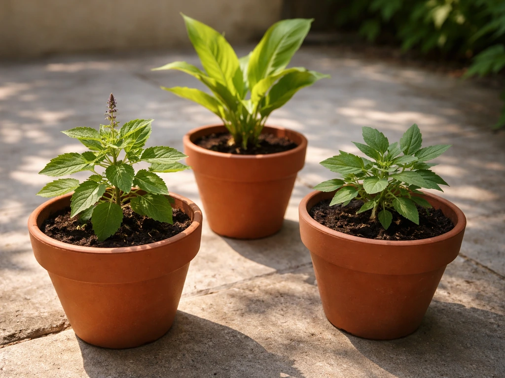 Three potted herbs outdoors: one in direct sun, one in partial shade, one between light and shade.