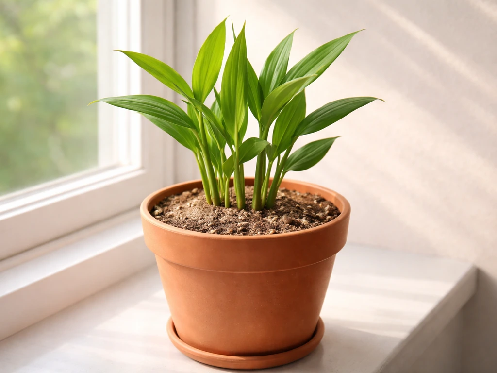 Healthy ginger plant growing in a terracotta pot with visible sandy soil under filtered morning light.