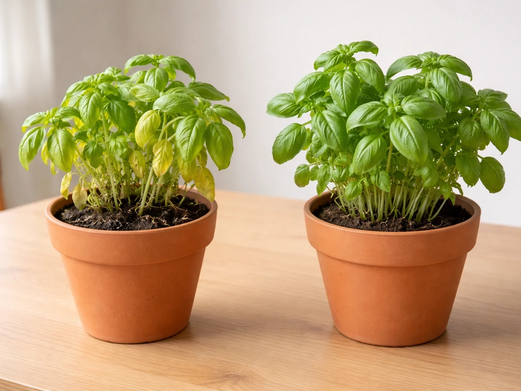 Two potted herbs on a table: one overwatered with yellow leaves and mushy soil, one healthy and green.