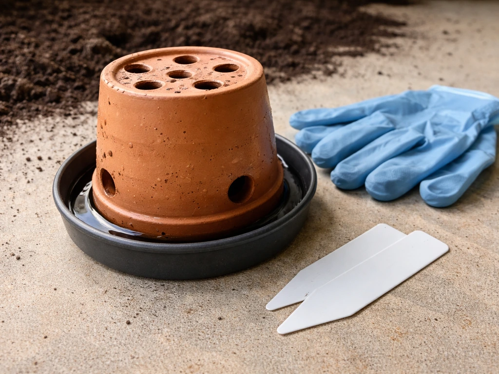 Terracotta pot with visible drainage holes over a tray, with gloves and blank plant labels nearby.