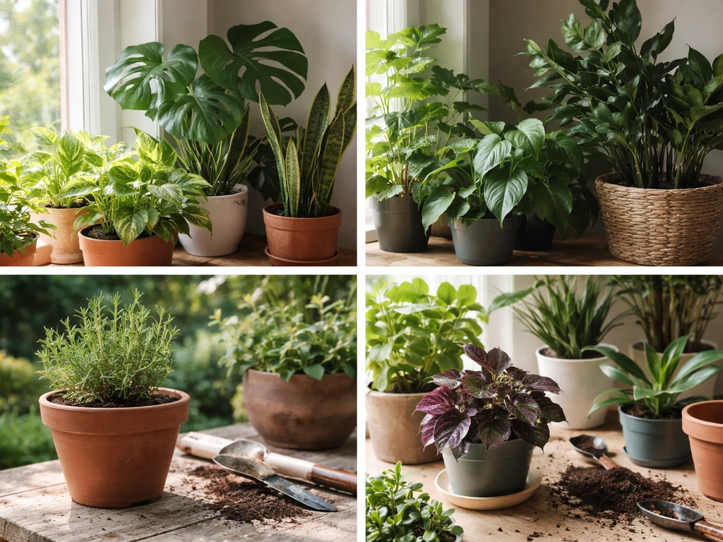 Collage of indoor plants in different light levels and a small outdoor planter on a home windowsill.