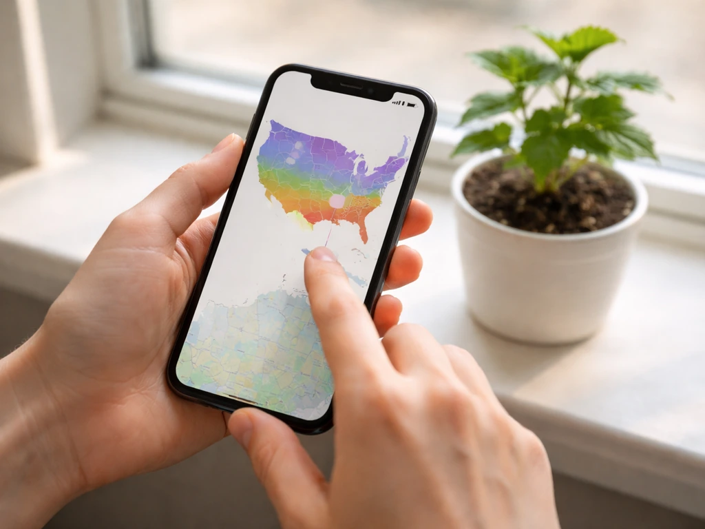 Hand holding a phone showing a blank zone-map style screen for choosing plants by climate