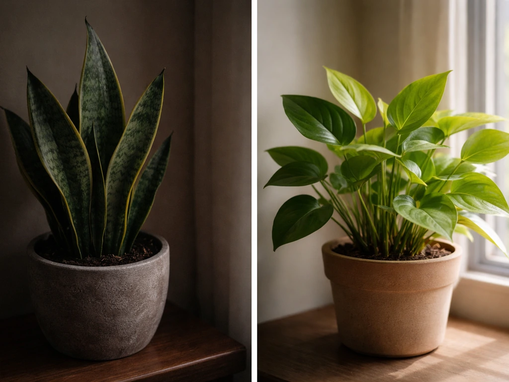 Close-up of a snake plant in dim light beside a brighter sunlit leafy plant with healthier foliage