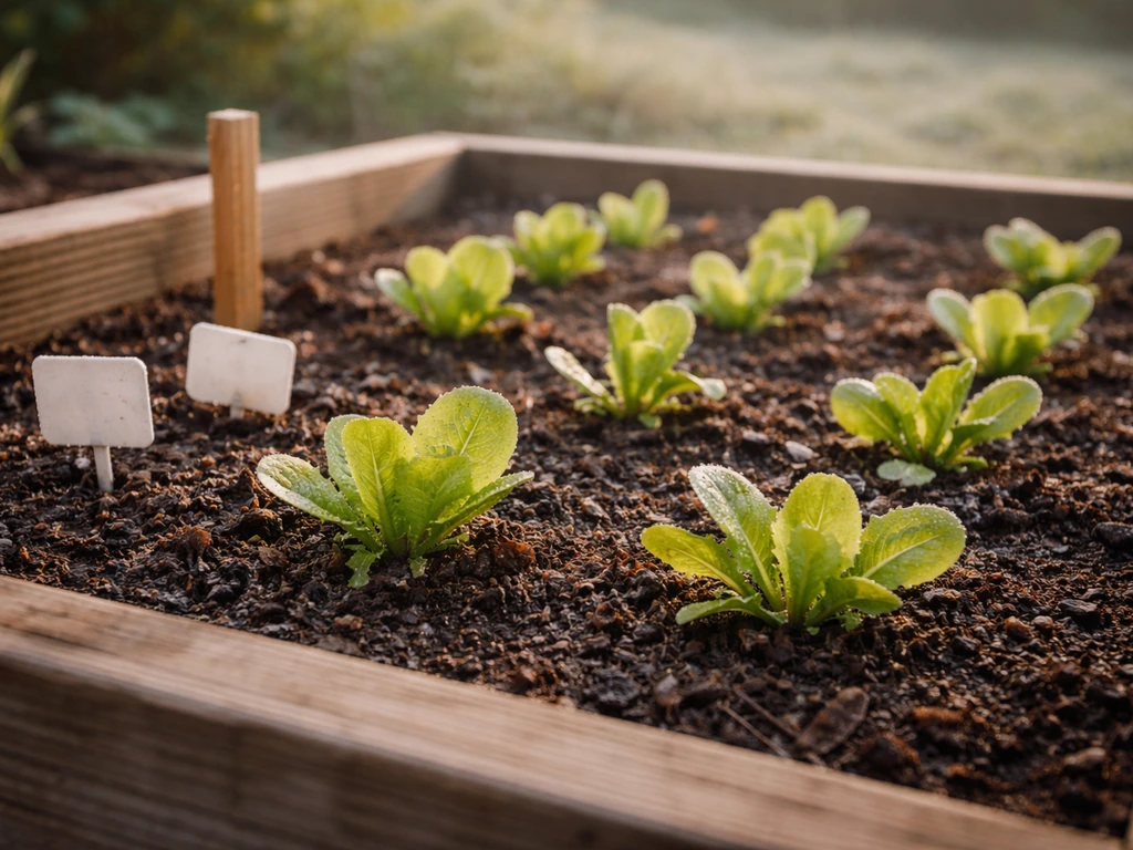 Young lettuce seedlings in a raised garden bed with blank markers and subtle cool-morning frost.