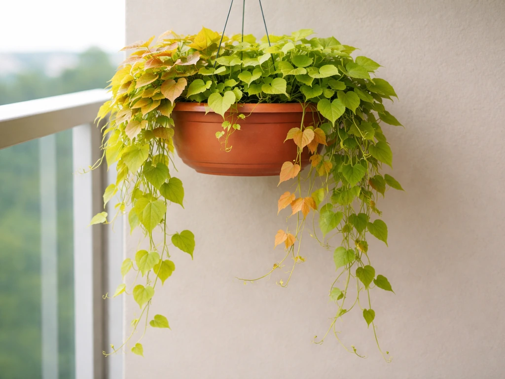 Colorful sweet potato vine spilling over a balcony planter rim onto clean pavement
