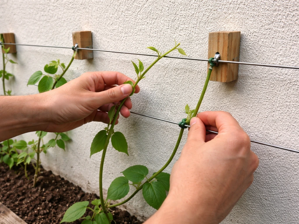 Gardener hands tie new climbing shoots to a horizontal wire trellis on a wall.