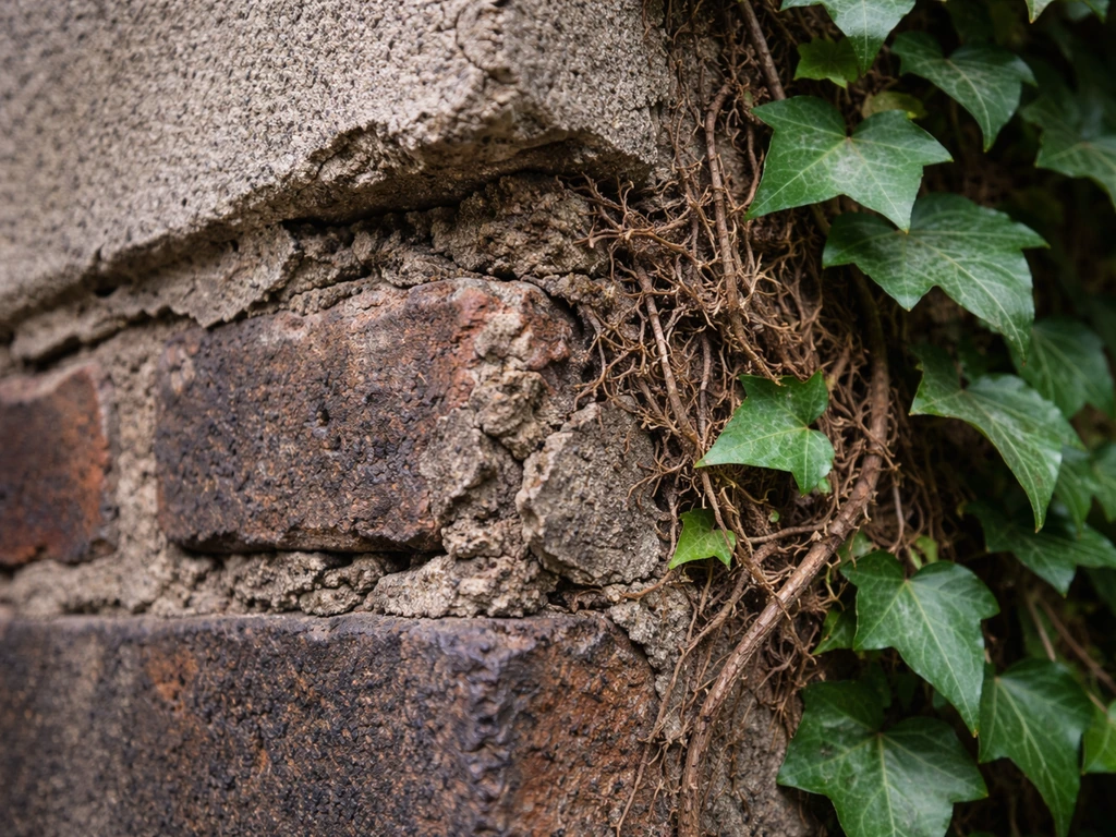 Close-up of a wall corner showing peeling mortar and ivy rootlets near self-clinging growth
